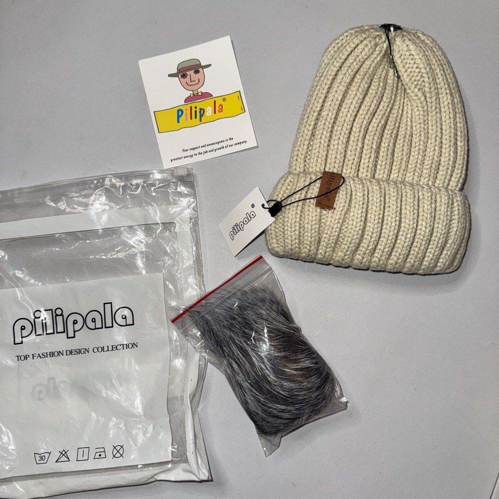 Pilipala Ribbed Knit Beanie Cream OS Detachable Faux Fur Pom-Pom